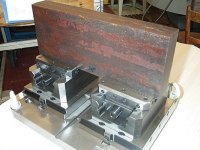 Multiple Center-Compact vises and QuickPoint base plates can be used together for unusually large workpieces. In this case, a large hot-rolled barstock workpiece is held with only 0.16 in. (4 mm) of material in the vise jaws.