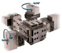 A machine with a QuickPoint cube installed offers an easy way to gain access to 5 sides of a workpiece. For parts requiring machining operations on all sides, workpieces can be rotated through the 5 stations, allowing 5 parts (one in each orientation) to be machined in one cycle